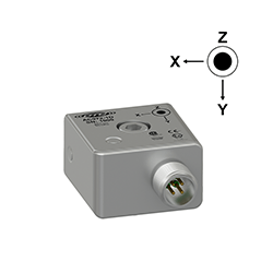 A stainless steel AC972 intrinsically safe, triaxial accelerometer engraved with the CTC line logo, product number, serial number, and hazardous area certification markings.